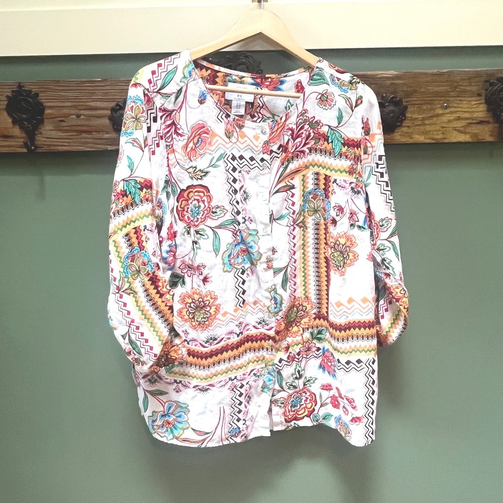 Halston Womens 1X Linen Floral Geometric Tile Print Button Front Blouse Boho Top